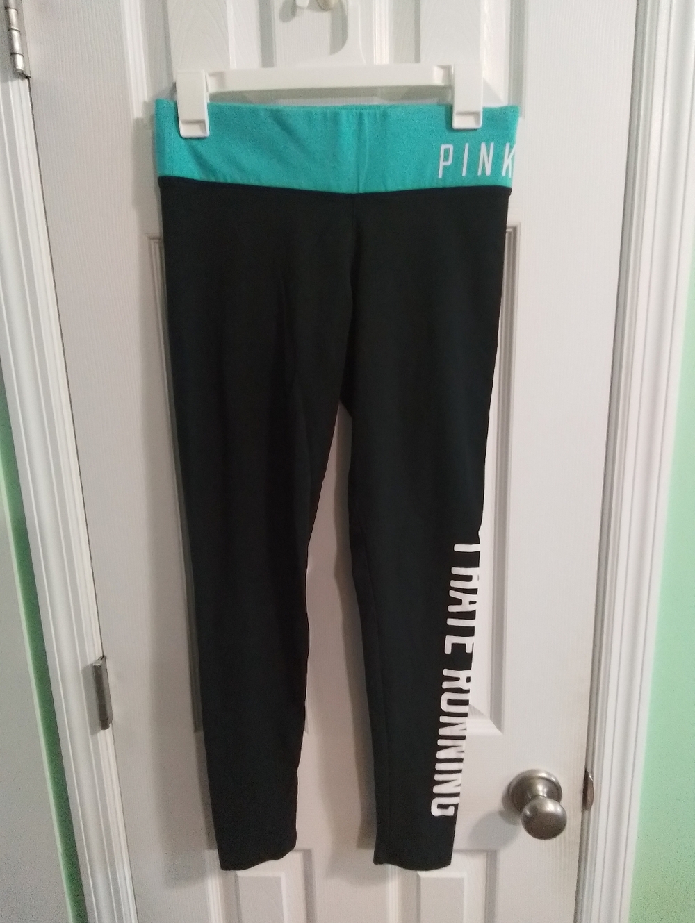 Victoria's Secret PINK Black Leggings with Teal Waistband